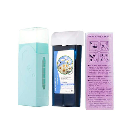 Three products including a blue Depilatory Wax Heater, a black and white box with a floral design, and a purple leaflet on a white background.
