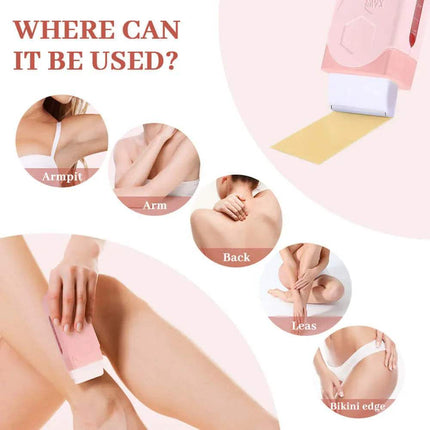 Depilatory Wax Heater usage on various parts of the body with text 'WHERE CAN IT BE USED?' Armpit, Arm, Back, Legs, Bikini edge