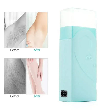 Depilatory Wax Heater with 'Before' and 'After' skin comparison images on a white background