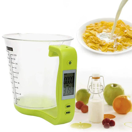 Digital Measuring Cup with a bowl of cereal, and fruits on a white background. Astoria Lifestyle
