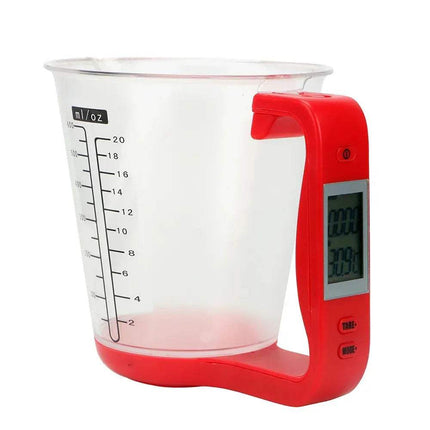 Digital Measuring Cup with red handle and digital display on a white background. Astoria Lifestyle
