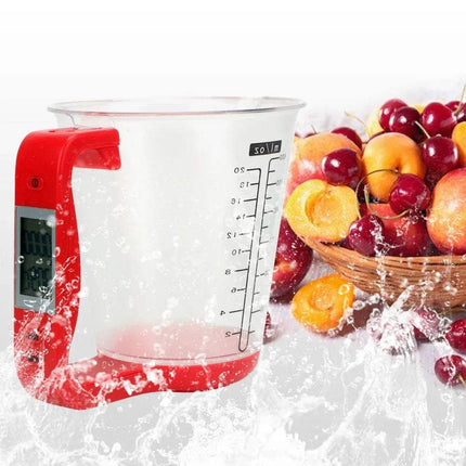 Red Digital Measuring Cup with a basket of fruits on a white background
