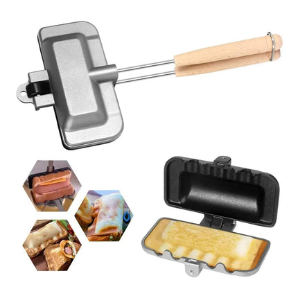 Double-Sided Non-Stick Foldable Sandwich Frying Pan Grill with wooden handle and various food images. Astoria Lifestyle