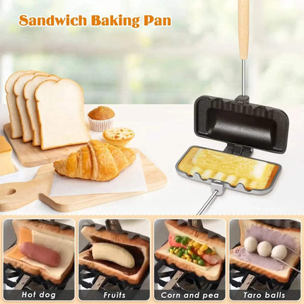 Double-Sided Non-Stick Foldable Sandwich Frying Pan Grill with various filling options like hot dog and fruits. Astoria Lifestyle