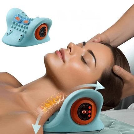 Woman receiving neck massage using an EMS Cervical Massager Stretcher for Neck Pain Relief on a white background