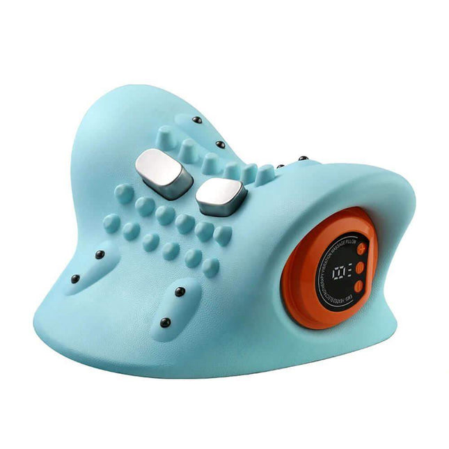 Light blue EMS Cervical Massager Stretcher with buttons and a digital display on a white background