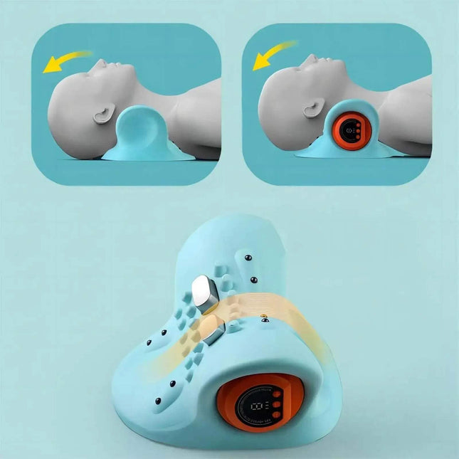 EMS Cervical Massager Stretcher displaying adjustable settings for neck pain relief and traction therapy.