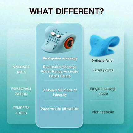 Comparison of EMS Cervical Massager Stretcher with ordinary fund on a gradient blue background