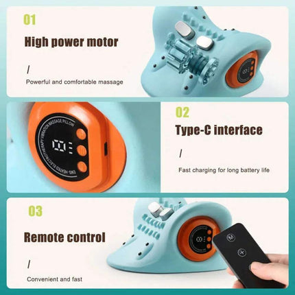 EMS Cervical Massager Stretcher with features highlighted on a blue background