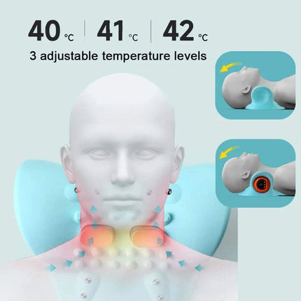 EMS Cervical Massager Stretcher with adjustable temperature levels displayed on a light blue background