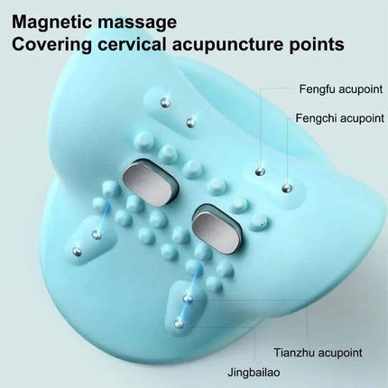 Blue EMS Cervical Massager Stretcher with acupoint markings on a light gray background