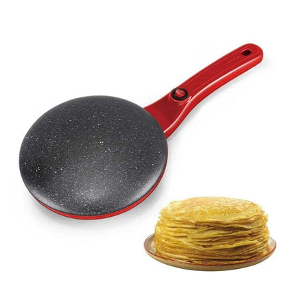 Electric Crepe Maker with a stack of pancakes on a white background