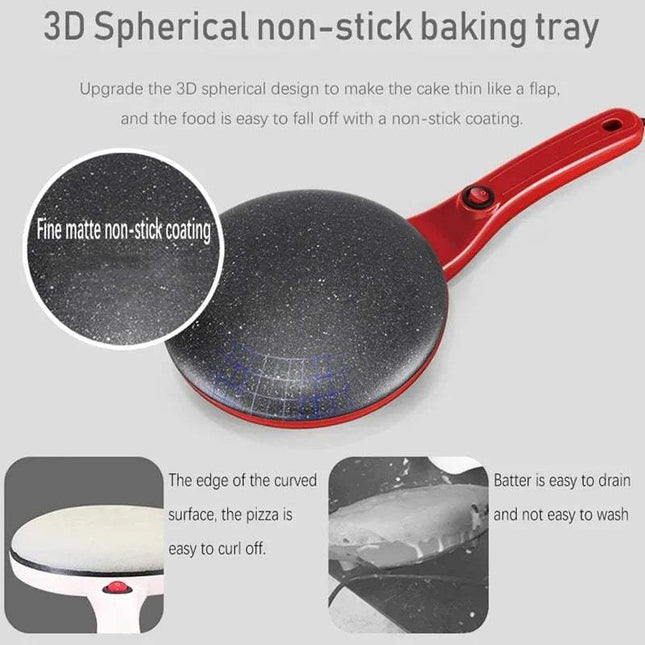 Electric Crepe Maker for Pancakes, Crepes & More with features highlighted on a gray background