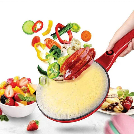 Red Electric Crepe Maker with food and vegetables on a white background