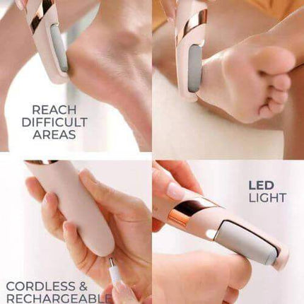 Cordless and rechargeable Electric Foot File with LED light being used on feet and hands.