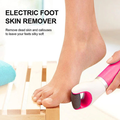 Electric Foot Skin Remover being used on a foot with text describing its use for Smooth, Soft Heels