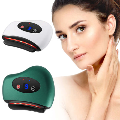 A woman featuring an Electric Gua Sha Scraping Device for Face & Body Relief