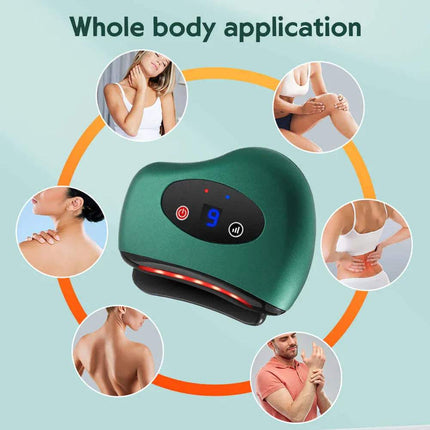 Green Electric Gua Sha Scraping Device with digital display surrounded by images of various body parts on a light blue background.