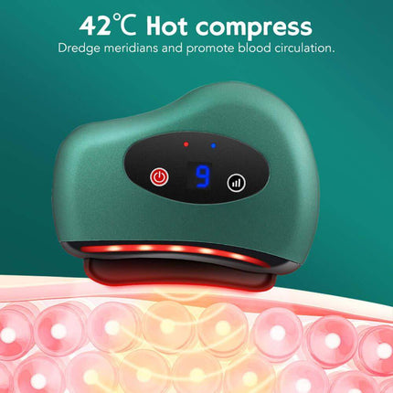 Green Electric Gua Sha Scraping Device with digital display on a teal background