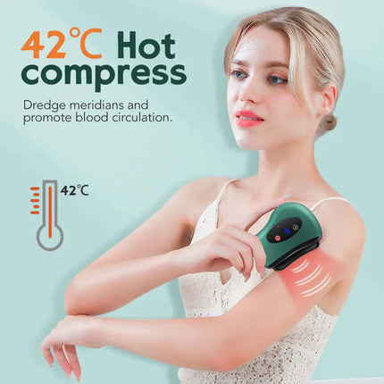 Woman using a 42°C hot compress Electric Gua Sha Scraping Device on her arm with text indicating temperature and benefits.