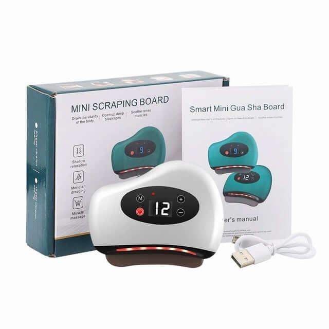 Electric Gua Sha Scraping Device with digital display and USB cable, alongside its packaging on a white background.