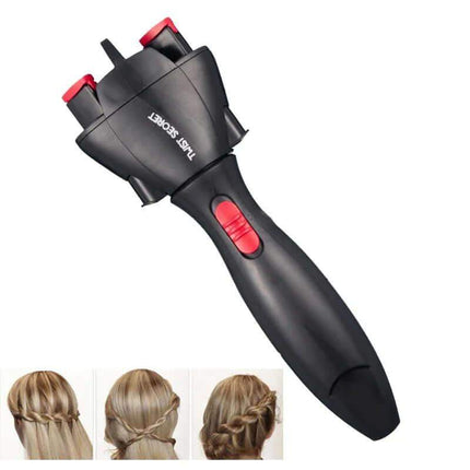 Electric Hair Braider for Effortless Salon-Quality Braids with red buttons on a white background, showing before and after hairstyles.