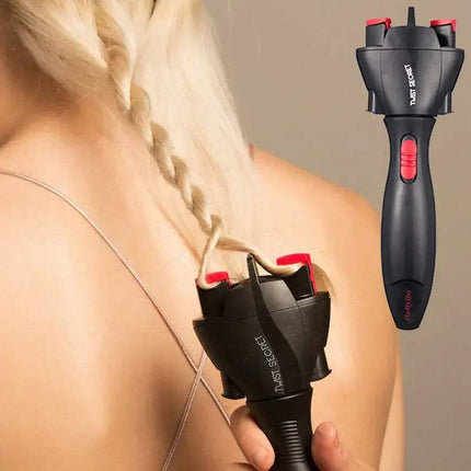 Person braiding hair with an Electric Hair Braider on a neutral background
