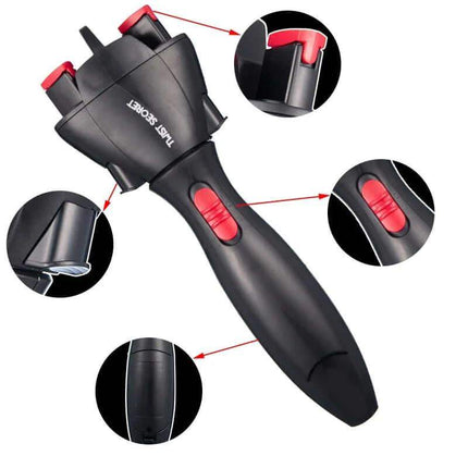 Black and red Electric Hair Braider with multiple views on a white background