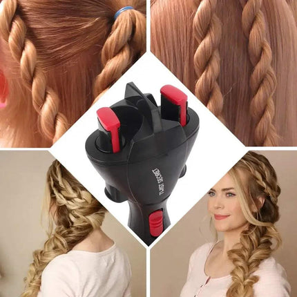 Collage of braided hair, an Electric Hair Braider, and a woman with styled hair.