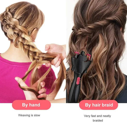 Comparison of braiding hair by hand versus using an Electric Hair Braider on a white background.