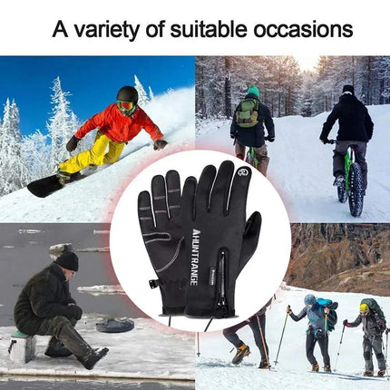 Electric Heated Touchscreen Gloves with 'Aventane' branding surrounded by winter activities like snowboarding, cycling, and skiing. Astoria Lifestyle