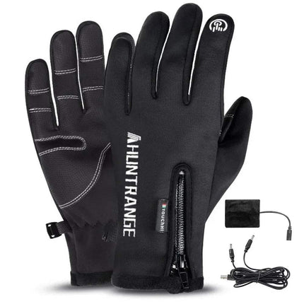 Black Electric Heated Touchscreen Gloves with a power adapter on a white background. Astoria Lifestyle