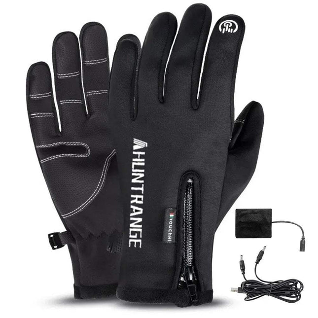 Black Electric Heated Touchscreen Gloves with a power adapter on a white background. Astoria Lifestyle