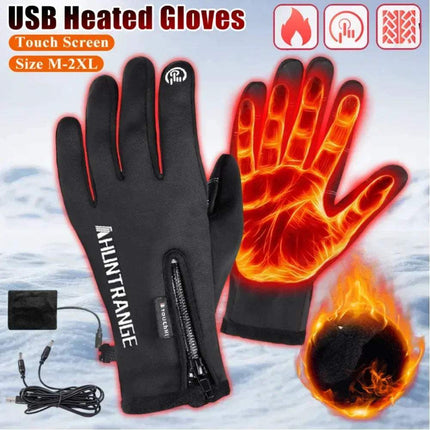 Electric Heated Touchscreen Gloves with charging cable on a snowy background. Astoria Lifestyle