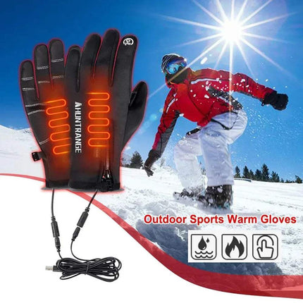 Electric Heated Touchscreen Gloves with USB cable on a snowy background with a skier. Astoria Lifestyle