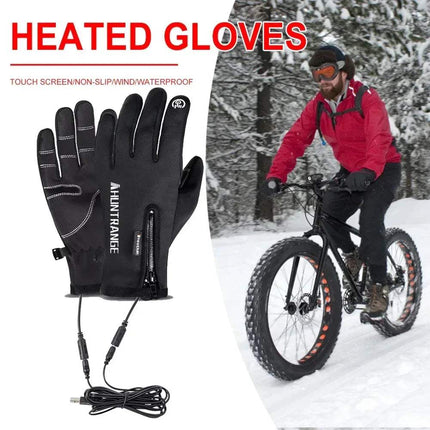 Electric Heated Touchscreen Gloves with a man riding a bike in the snow, featuring text about glove features. Astoria Lifestyle