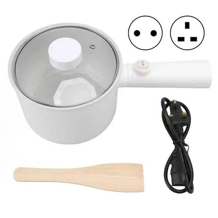 White Electric Hot Pot 1.8L with glass lid, wooden spoon, and power cord on a white background