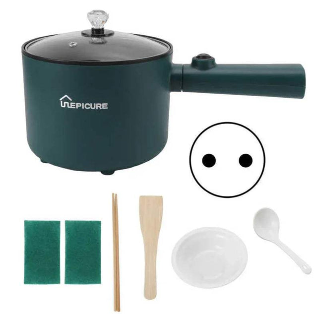 Nepicure green Electric Hot Pot 1.8L with EU plug type and accessories on a white background