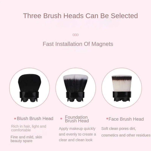 Three types of Electric Makeup Brush heads with descriptions on a pink background