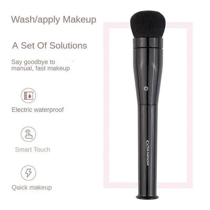 Black Electric Makeup Brush with text on a white background