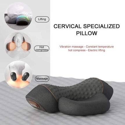 Electric Neck Massage Pillow with massage, hot compress, and electric lifting functions on a bed.