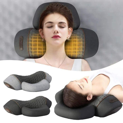 Woman using an Electric Neck Massage Pillow Heating & Vibration with glowing elements, shown from multiple angles.