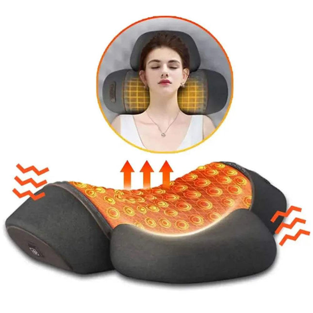 Electric Neck Massage Pillow with heating feature and inset showing a person using it.