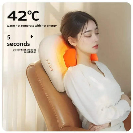 Woman using Electric Trapezius Massage Pillow with warm compress and heat function for muscle relief. - Astoria Lifestyle