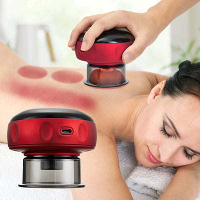 Electric Vacuum Cupping Massager in use for pain relief on sore back muscles.