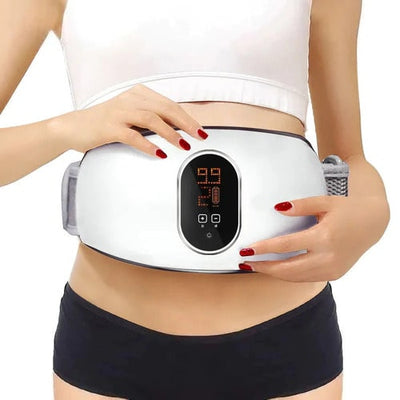 Woman using Electric Weight Loss Massage Belt with digital display for fat burning and relaxation.