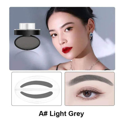 Eyebrow Powder Stamp Kit Woman with red lipstick and gray eyebrow product, close-up of product, and eye with gray eyebrow.