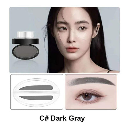 Eyebrow Powder Stamp Kit Makeup product with packaging, a woman's face, and an eyebrow示范in dark gray color.