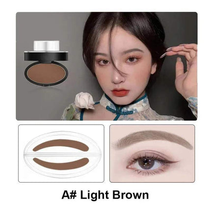 Eyebrow Powder Stamp Kit Makeup product with application on face, close-up of eye, and color swatch.