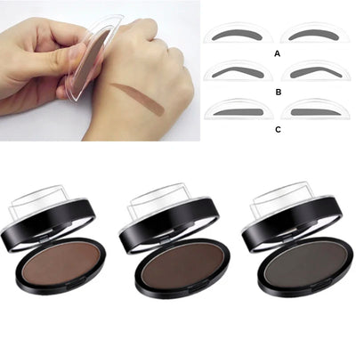 Eyebrow Powder Stamp Kit Eyebrow powder with applicator and sample illustrations on a white background